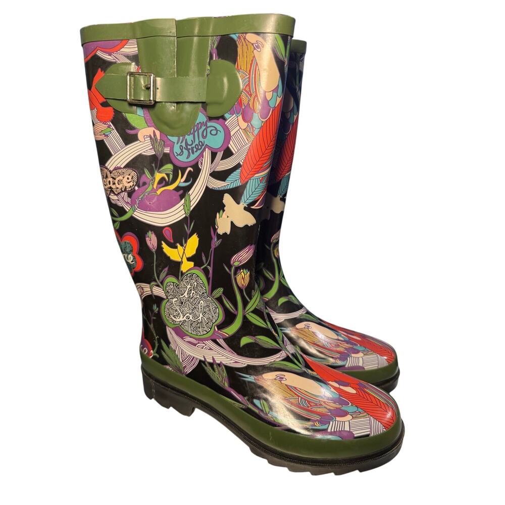The Sak Colorful Bird Print Rubber Rain Boots, Peace Nature, Women's Size 8